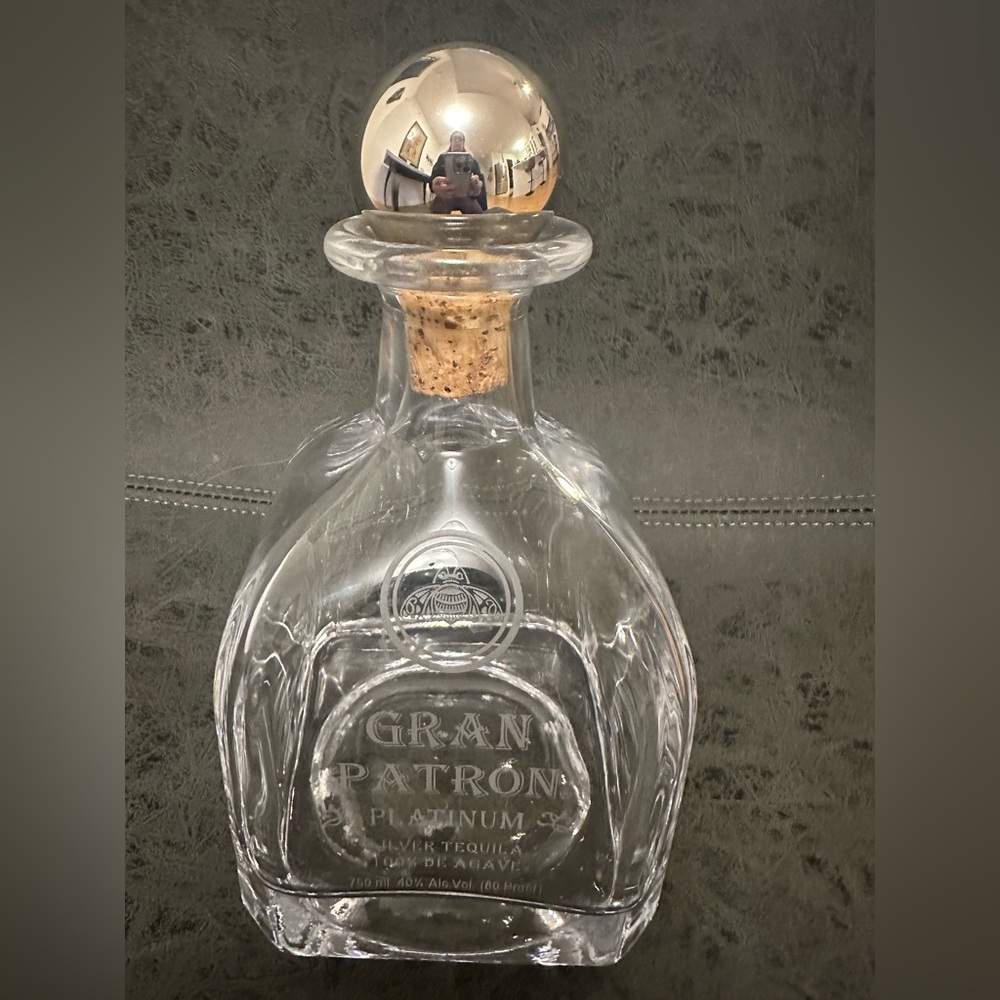 Gran Patron Platinum Glass Tequila Bottle With Silver Cork Stopper - Empty